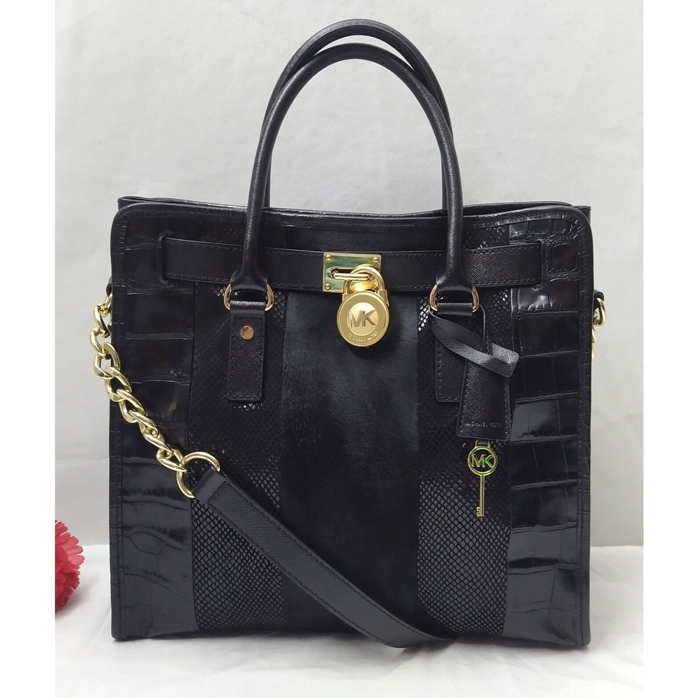 Michael Kors Hamilton Mixed Media Haircalf Black Leather Croc Embossed Tote Bag